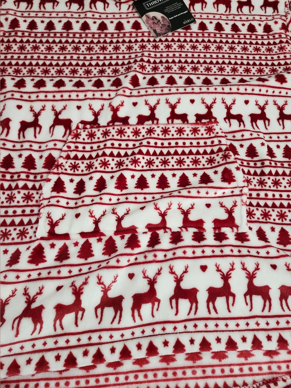 Throwzy wearable blanket hoodie features a red and white reindeer holiday patter - Picture 4 of 12